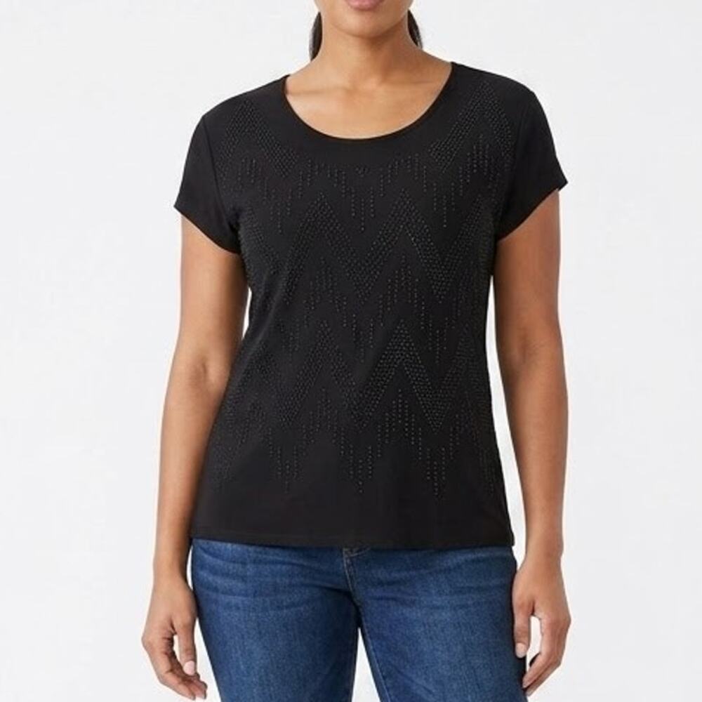 Bleeker & McDougal Women's Beaded Top Size PL Black Short Sleeve Stretch Blouse